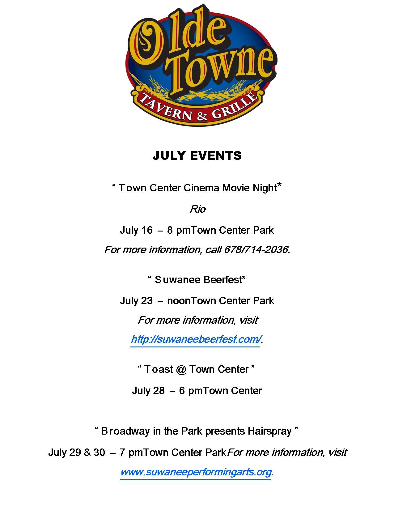 SUWANEE EVENTS JULY Olde Towne Tavern And GrilleOlde Towne Tavern And